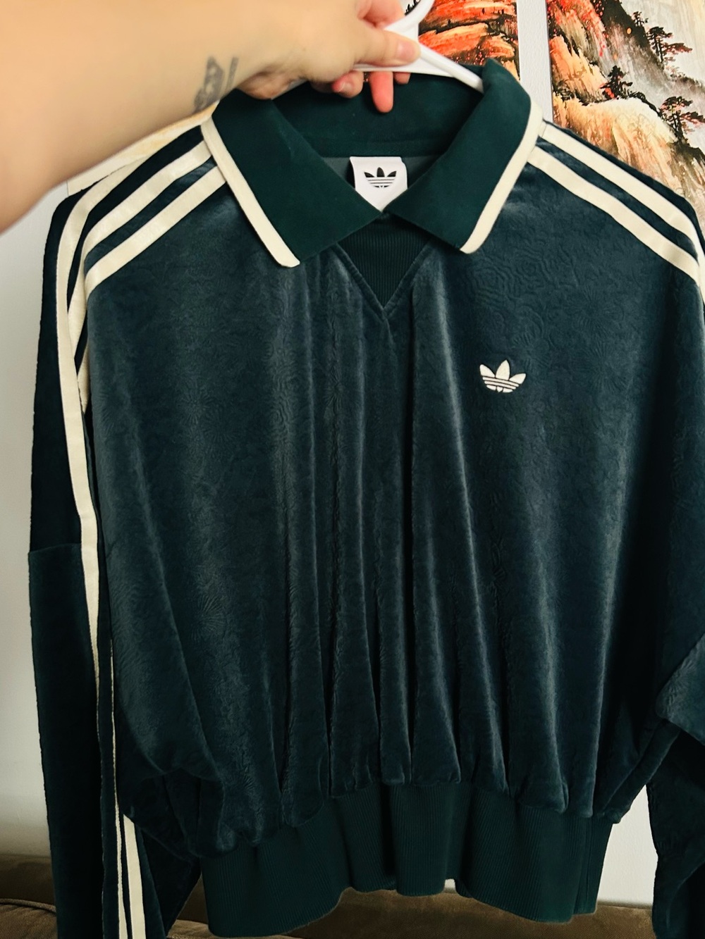 adidas Dark Green Velour Polo Sweatshirt with Cream Stripes